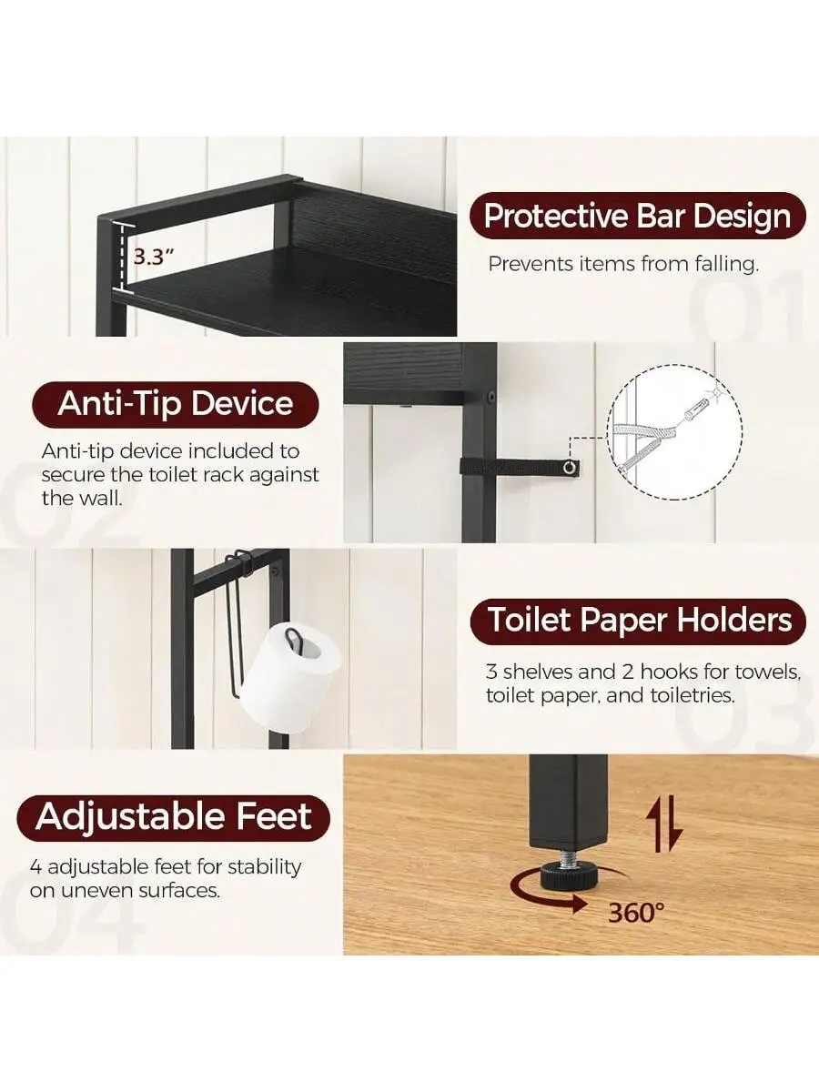 Over The Toilet Storage Rack 3 Tier Bathroom Organizer Over Toilet Freestanding Space Saver Toilet Stand with 2 Hooks Ba 5