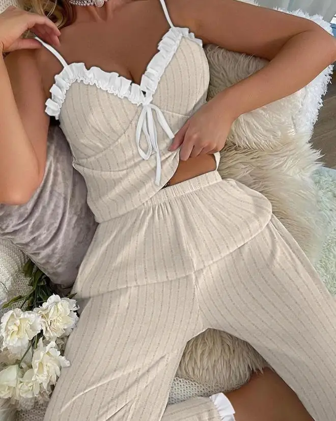 Ruffled Lace Up Detail Suspender Top and Ribbed Camouflage Set 2023 New Fashion Hot Selling Women's Pants At Home