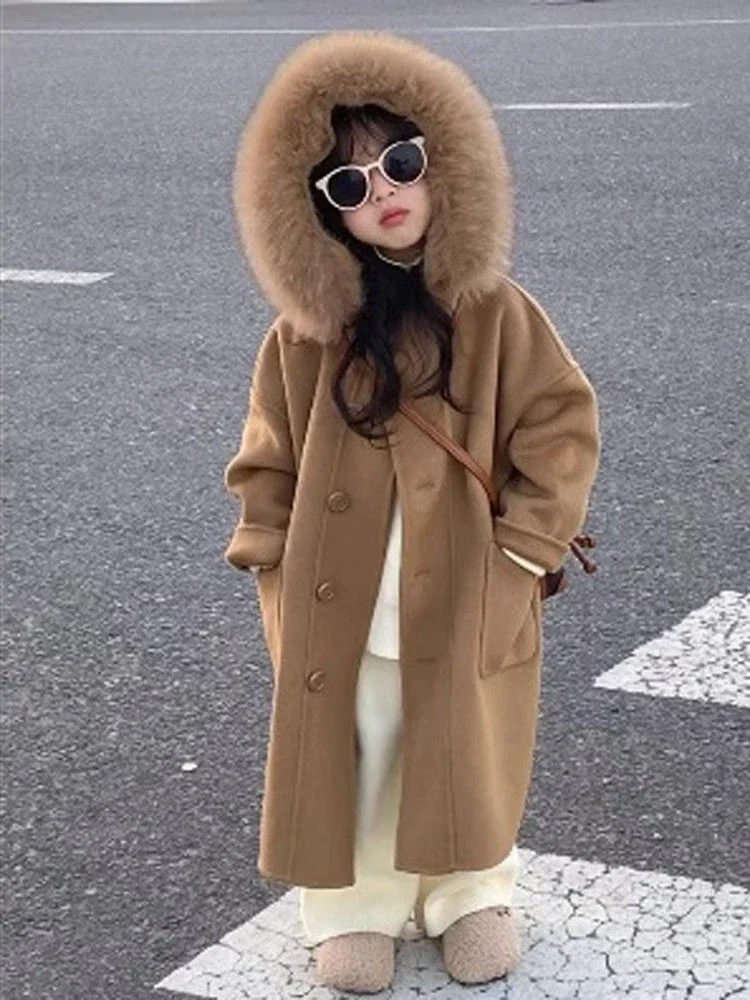 Girls Winter Coat Girls Outerwear Wool Korean Girls Hooded Woolen Collar Soild Overcoat Autumn Spring
