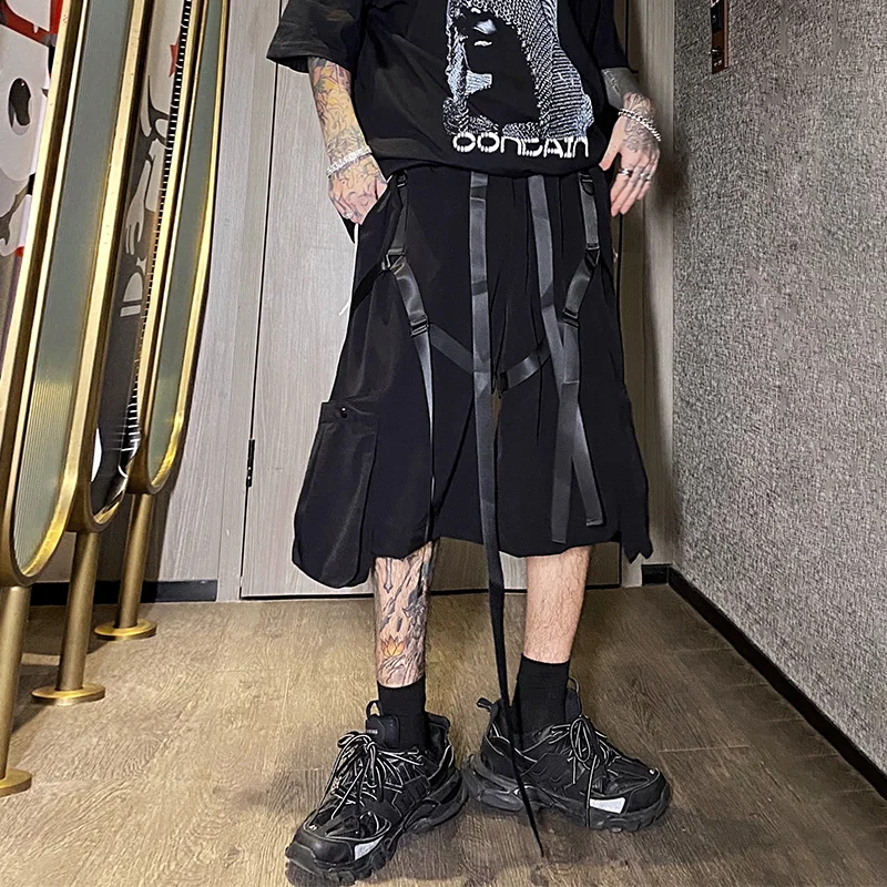 

Мужские шорты, новинка, Летние Стильные шорты-карго с большим разрезом, черные модные Молодежные шорты в стиле ретро, повседневные шорты