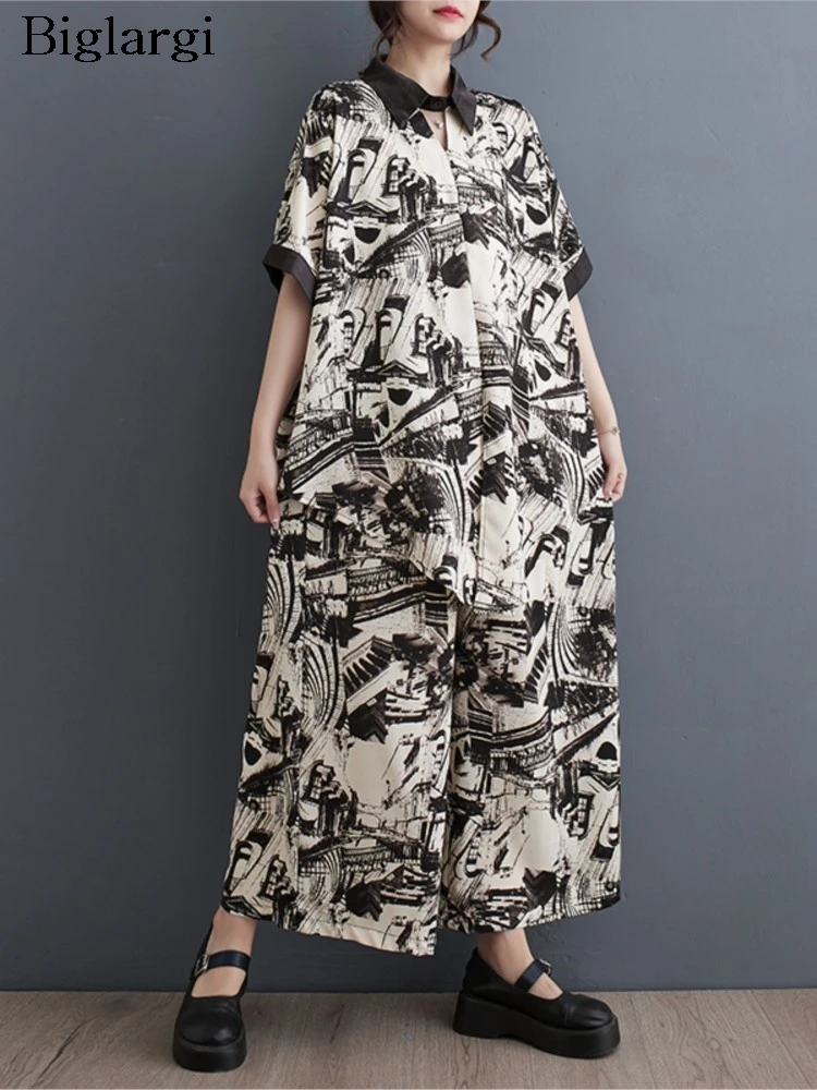 

Oversized Summer Print 2 Two Piece Set Women Irregular Pleated Ladies Blouses Elastic Waist Fashion Loose Woman Wide Leg Pants