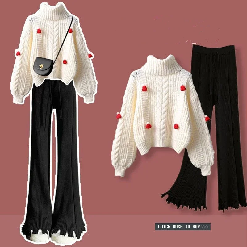 2023 Autumn Winter Women Turtle Neck Sweate Pants 1 or Two Piece Set Christmas Knit Tops Trousers Outfits Lady Fashion Suits
