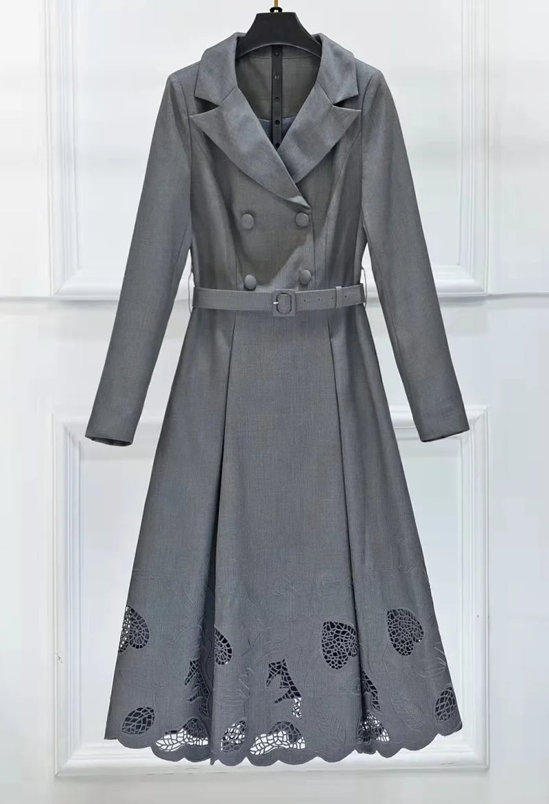 

Top Quality New 2022 Autumn Winter Dress Business Women Notched Collar Sweetheart Embroidery Belt Long Sleeve Grey Black Dress