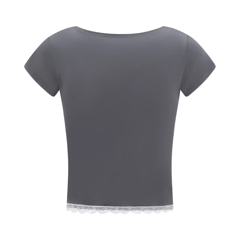 y2k Lace Trim Crop Top Women Sweetheart Neck Short Sleeve T Shirt with Bow Coquette Aesthetic Clothes 2000s Streetwear