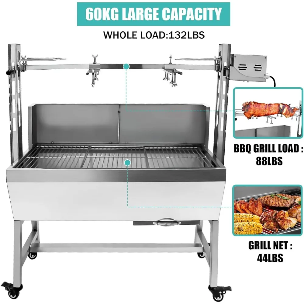 37" Electric Rotisserie Grill, Pig Lamb Spit Roaster Stand Rotisserie 132 Lbs Capacity With Adjustable Height, BBQ Charcoal 3