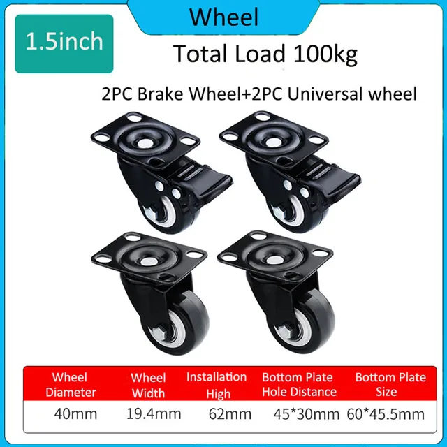 4Pc 1,5 Hüvelykes Univerzális Bútorok Görgők Kerékirányú Fékkerekek Sima 360 Fokos Forgó Néma Hardver Terhelése 100 Kg - Image 2