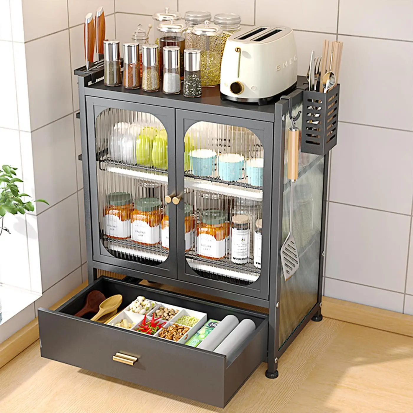 Grey Dish Rack Strainer 3 Tier Steel Dish Drainer Rack Cup Storage Rack Kitchen Countertop Utensil Holder with Drawer  Dish