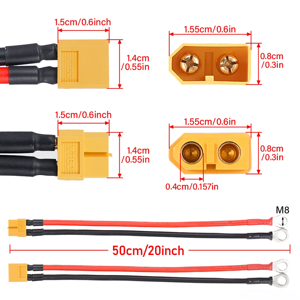 Description Picture 2 of item10AWG XT60 female male head turn M8 SC tinned copper terminals 50cm for car and ship battery solar panel connection cable