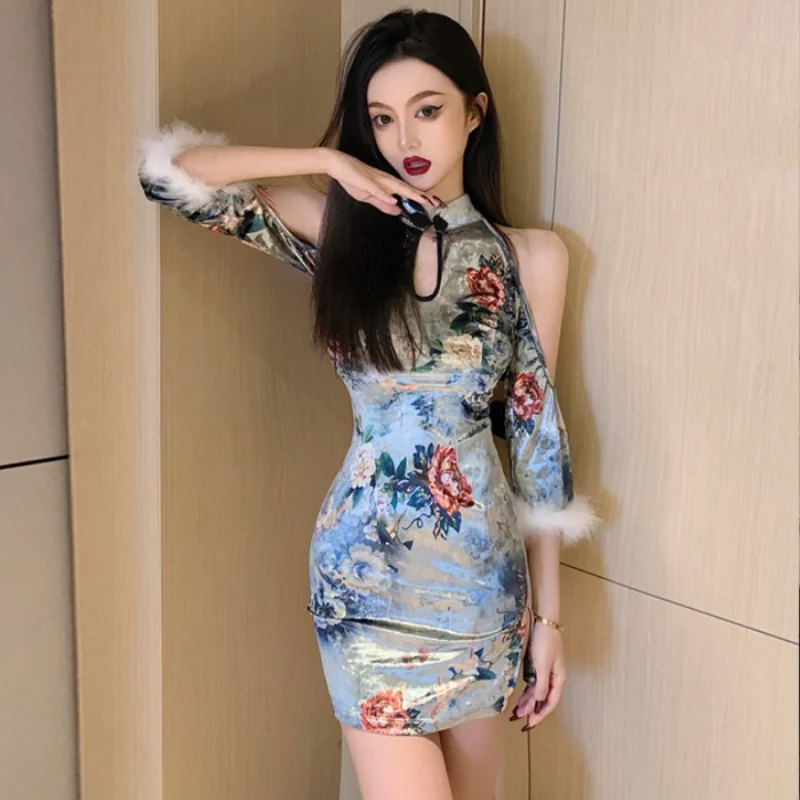 

Женское бархатное платье в китайском стиле, элегантное облегающее платье-Ципао в ретро-стиле, пикантное облегающее мини-платье с мехом, винтажные платья
