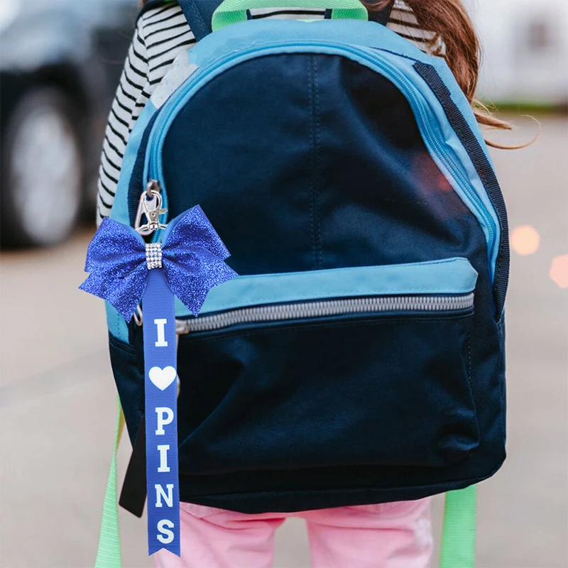 4pcs Cheer Pin Strap Pin Me Ribbon Cheerleader Ribbon Keychain Pin Me Cheer Keychain Cheer Bows Bag Tag Holder Fo+r Backpack Bag Glitter Cheerleader Keychains Cheer Gifts Bow Holder