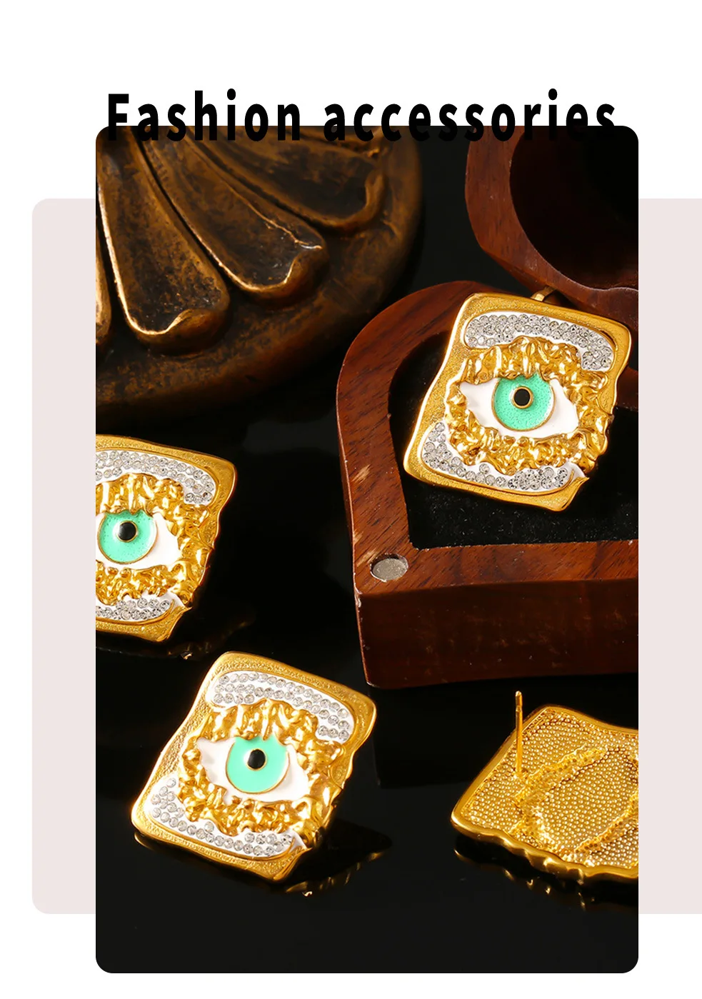 Grün-Schwarze Emaille Böse-Augen-Ohrringe für Damen, Edelstahl Quadratische Vergoldete Luxus-Strass-Ohrstecker, Damenschmuck Geschenk – Detail 5