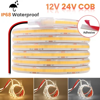 IP68 방수 COB LED 스트립, 고밀도 CRI Ra90 유연한 FOB 선형 조명, 따뜻한 흰색, 내추럴 흰색, 320LEDs/m, 12V, 24V