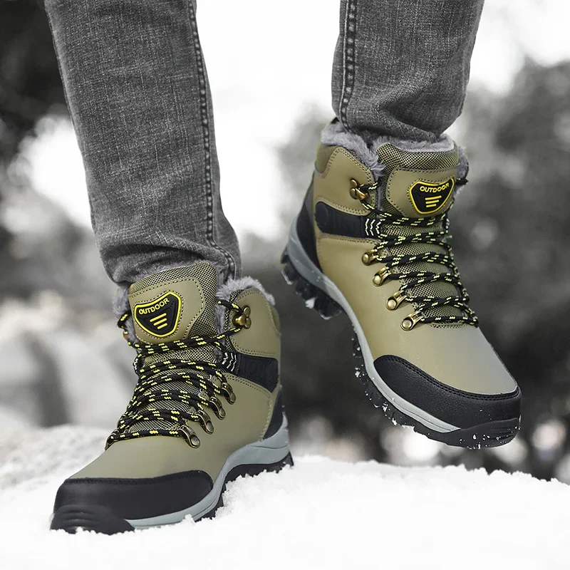 

Winter Men Boots With Fur Warm Snow Non-slip Men Work Casual Shoes Waterproof Leather Sneakers High Top Ankle Boots Plus Size