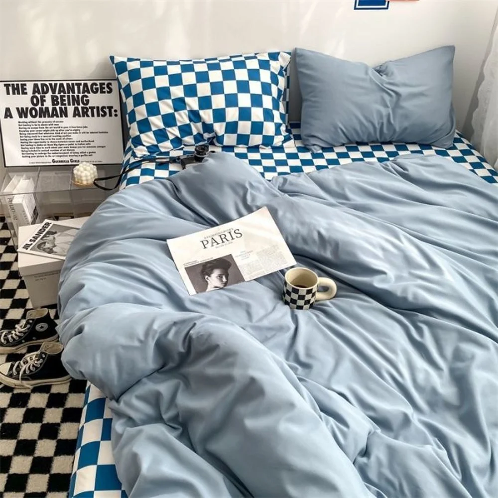 

Solid Color Checkerboard Bedding Sets Nordic Fashion Duvet Cover Flat Sheet Pillowcases Single Double Queen Hotel Home Bed Linen