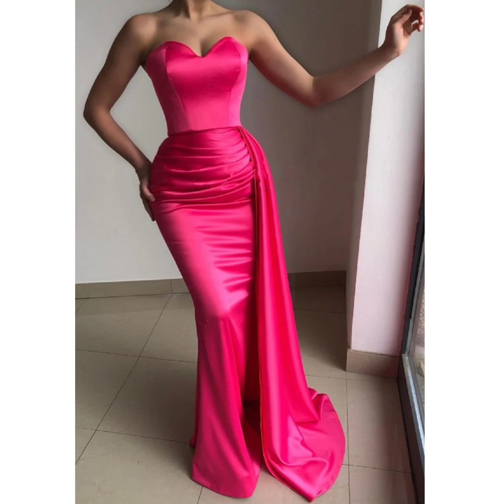 

Barbie Pink Fashion Satin Evening Dresses For Women Strapless Pleat Prom Celebrity Party Gowns Formal Occasion Robe De Soiree