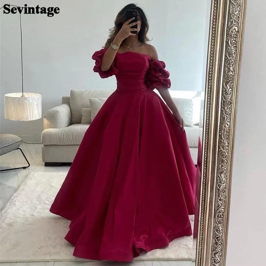 

Sevintage A Line Fuchsia Taffeta Women Evening Dresses Saudi Arabia Simple Short Sleeves Prom Gowns Formal Event Party Dress