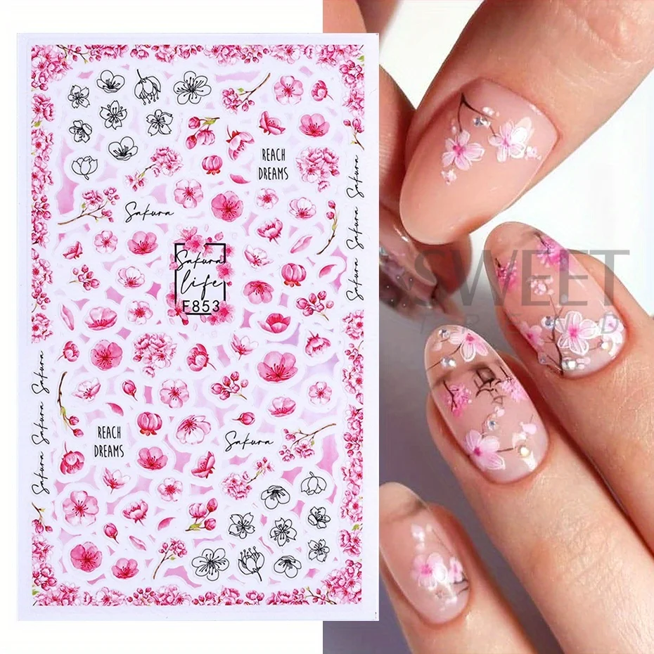 7pcs Pink Cherry Blossom Nail Stickers Romantic Sakura Flowers Design Decal Spring Summer Theme Elegant DIY Charm Manicure Foils