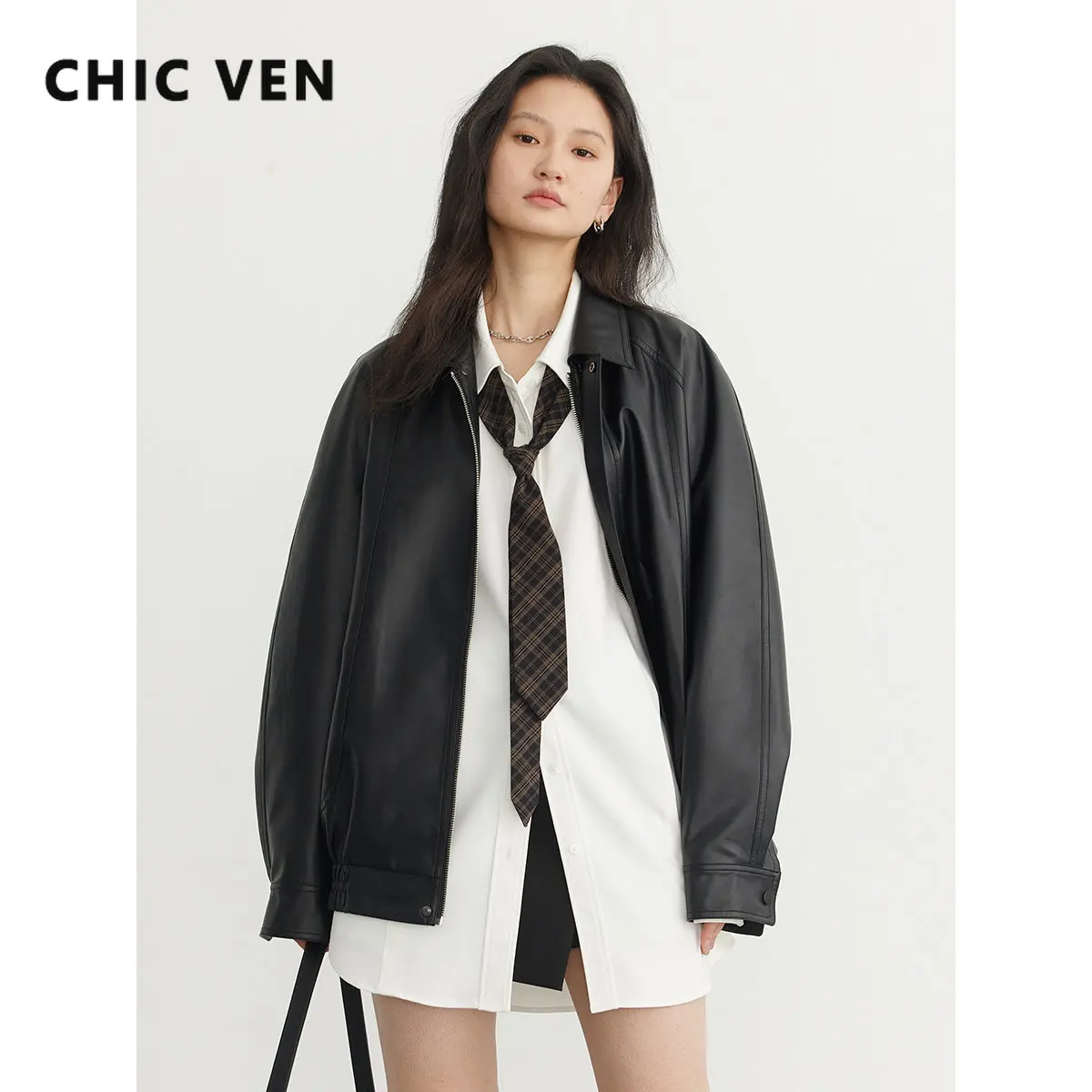 

CHIC VEN Women's Moto Biker Zipper Jacket New Loose Motorcycle PU Coat Female Outerwear Ladies Clothing Spring Autumn 2023