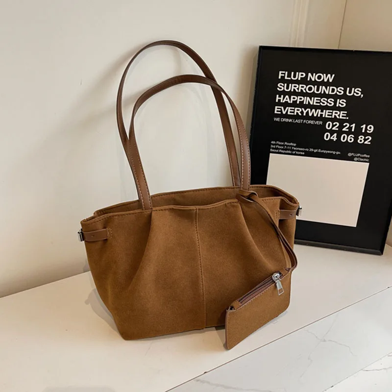 New Autumn Winter Suede Large Capacity Tote Bag Casual Commuting Pu Handbag Women'S Shoulder Bag