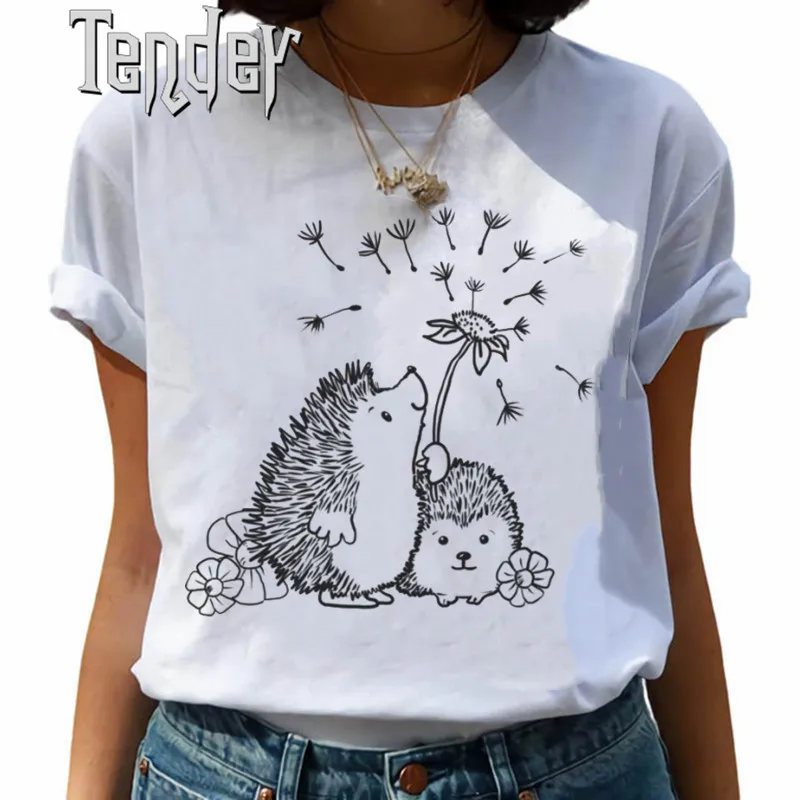 

Футболка женская с рисунком одуванчика и ежика, смешной топ с коротким рукавом и мультяшным принтом, оверсайз, одежда в стиле Харадзюку