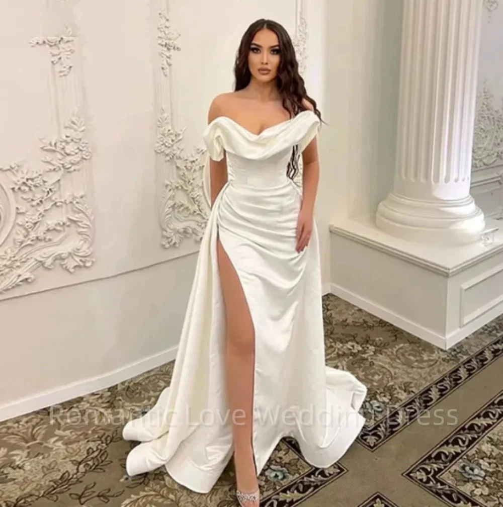 

Elegant Satin Wedding Dresses For Bride Ribbons Princess Backless Off Shoulder High Split Civil Chapel Train Bridal Gowns