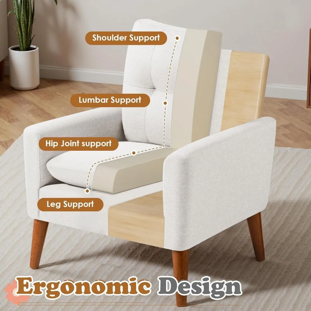 Mid Century Accent Chair, Fabric Modern Reading Living Room Chair, Fluffy Comfy Armchair Small Sofa Chair with Wood Legs 3