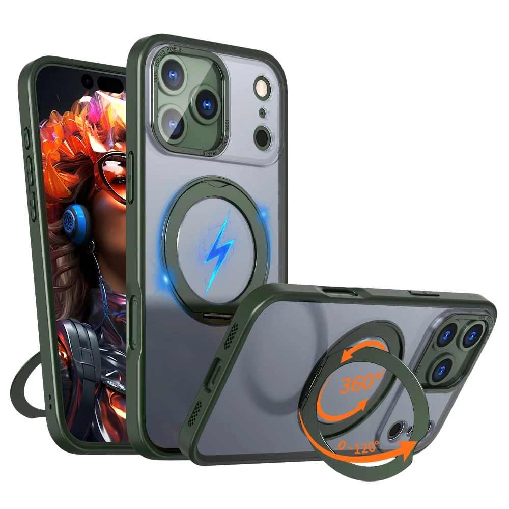 Luxury 360 Rotating Magnetic Stand Phone Case with Metal Ring and Foldable Bracket - Acrylic Clear