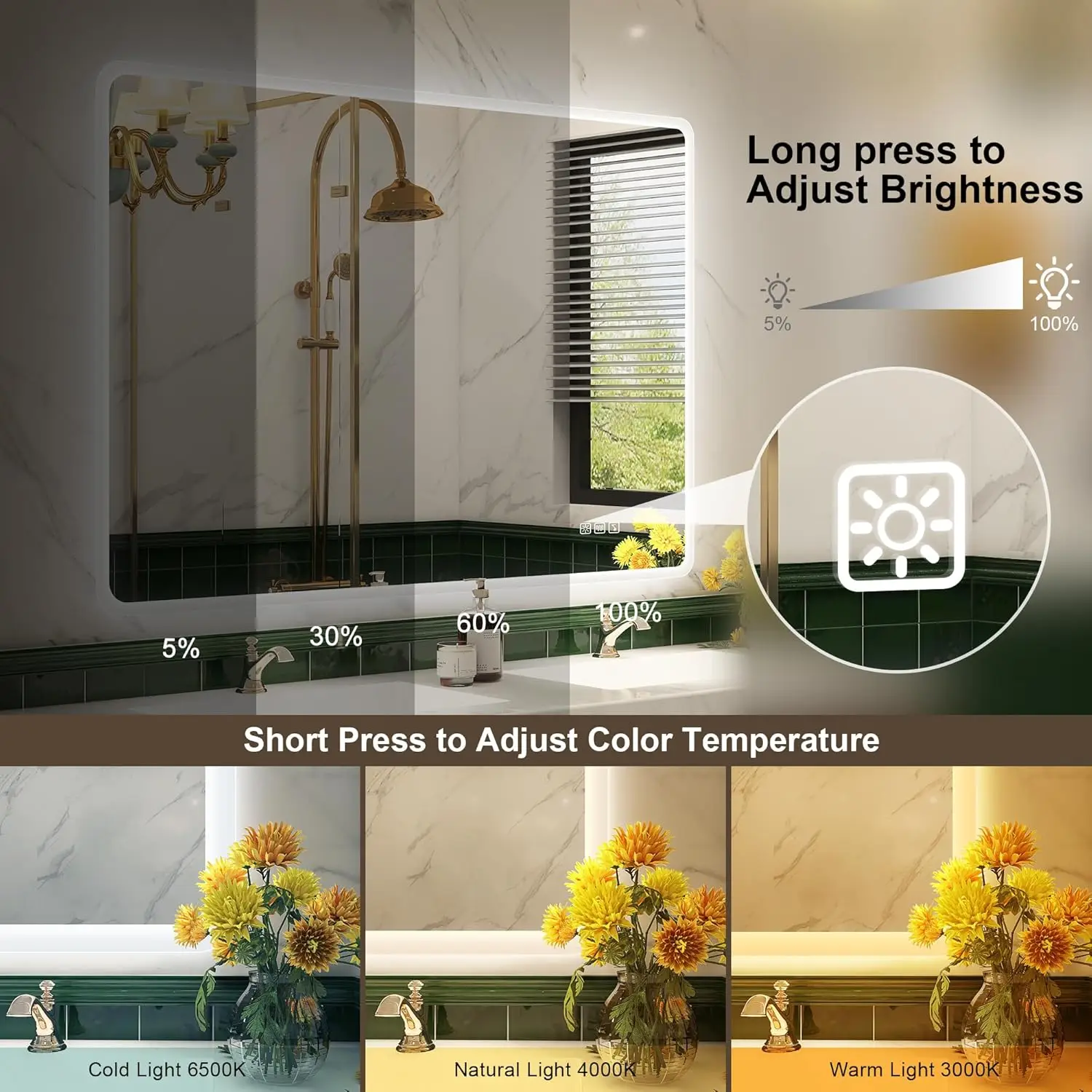 LED-Bathroom-Mirror-with-Lights, Wall-Mounted with Bluetooth Speaker