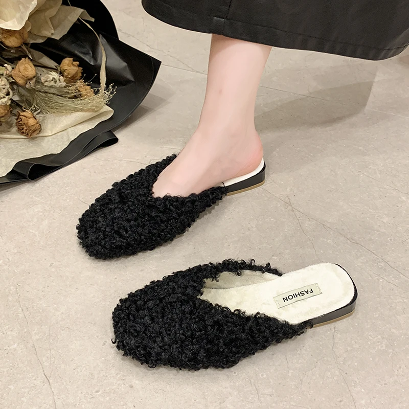 Women 2.5cm Square Heel Warm Winter Furry Slide Suede Slippers Round Toe Low Heel Slip On Hair