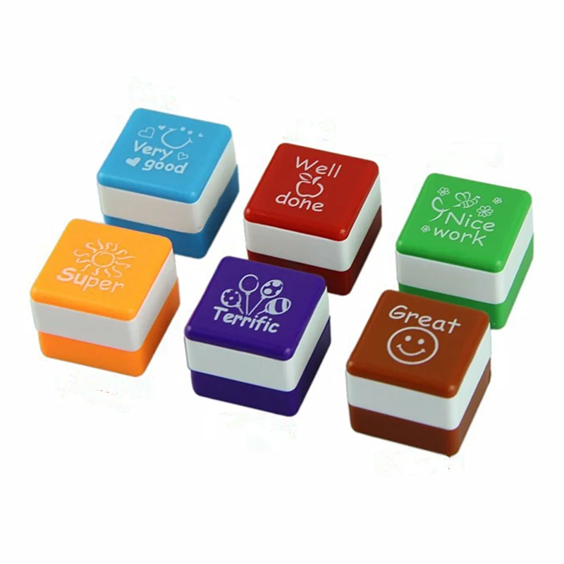6Pcs Comment Stamper Praise Reward Cute Kid Encourage Stamp English Teacher Seal Water Self-Inking DIY School Scrapbooking Toys