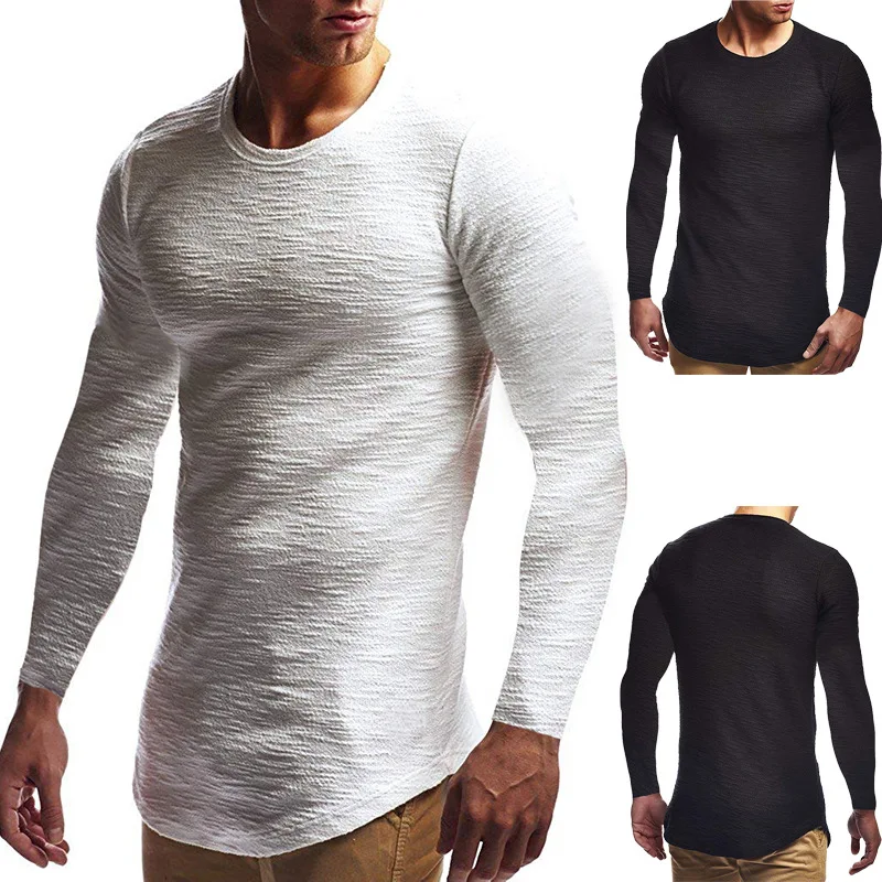 Men's Spring Long Sleeve T-shirt Pure Color Jacquard Fabric Leisure Youth Tops Slim Arc Hem O Neck Tees Male Pullover Clothes |