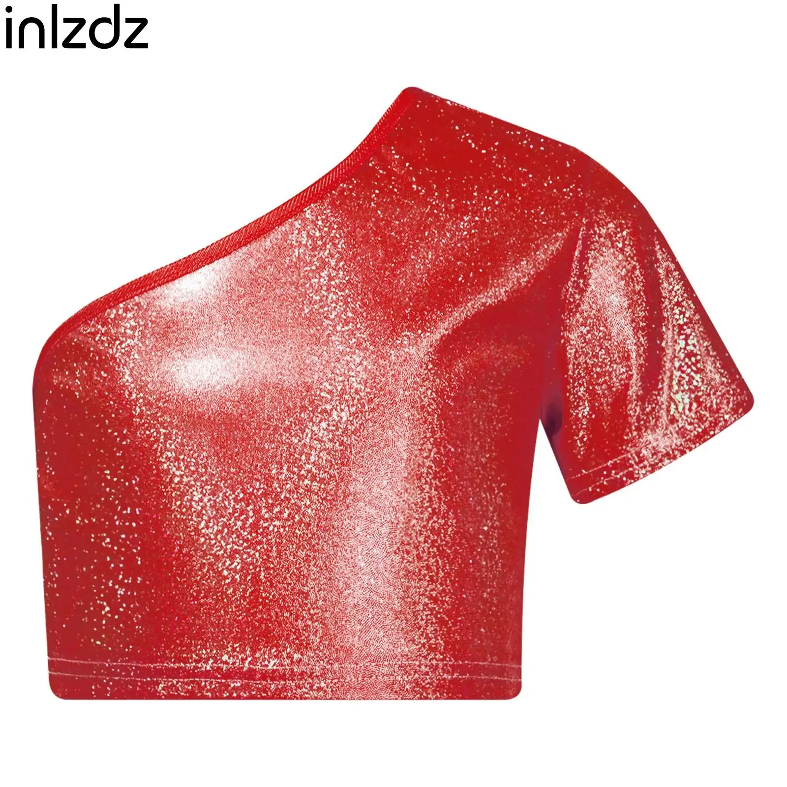 

Kids Girls Jazz Dance Performance Costumes Crop Tops One Shoulder Metallic Tank Top Short Sleeve T-shirt for Dance Clothing