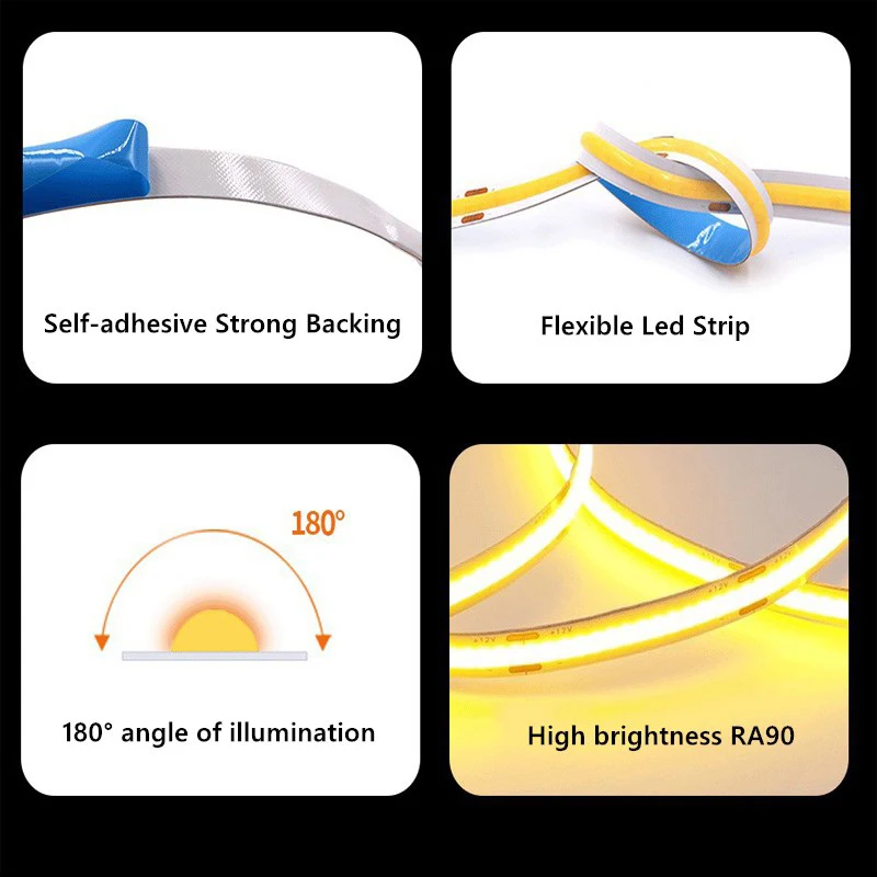 Ruban LED à Haute Densité 3000K 4000K 6000K DC 12V 24V 480 LED 8mm 10W 12W Bande LED COB Flexible Pour éclairage De Corniche Et éclairage De Cabinet - Chine Réglette LUMINEUSE