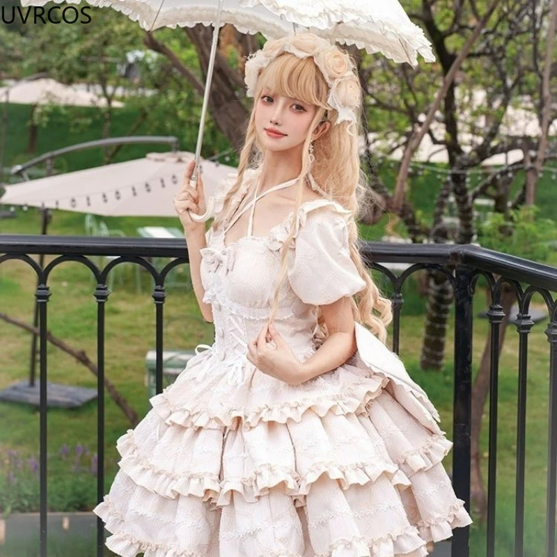 Victorian Vintage Sweet Lolita Dress Women Kawaii Cute Bow Ruffless Short Sleeve Trailing Princess Dresses Gothic Y2k Mini Dress