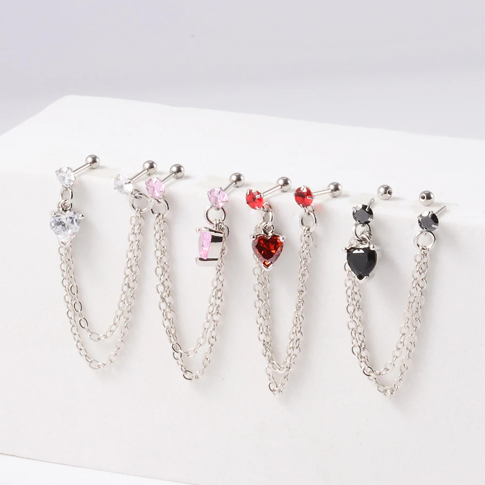 Surgical Steel CZ Gem Ear Tragus Cartilage Piercing Zircon Dangle Chain Earring Conch Ear Stud Helix Piercing Body Jewelry 1PC