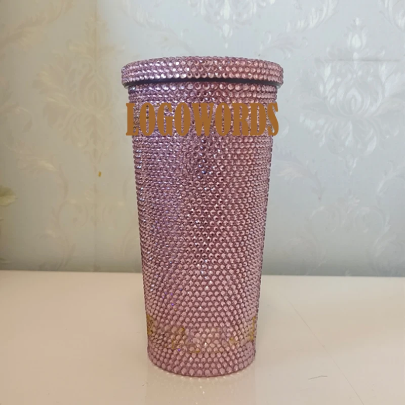 Luxuriöser, mit Strass besetzter Edelstahl-Strohhalmbecher, funkelnde 500-ml-Thermoskanne aus Glas mit Strasssteinen, modische Kaffeetasse – Detail 12