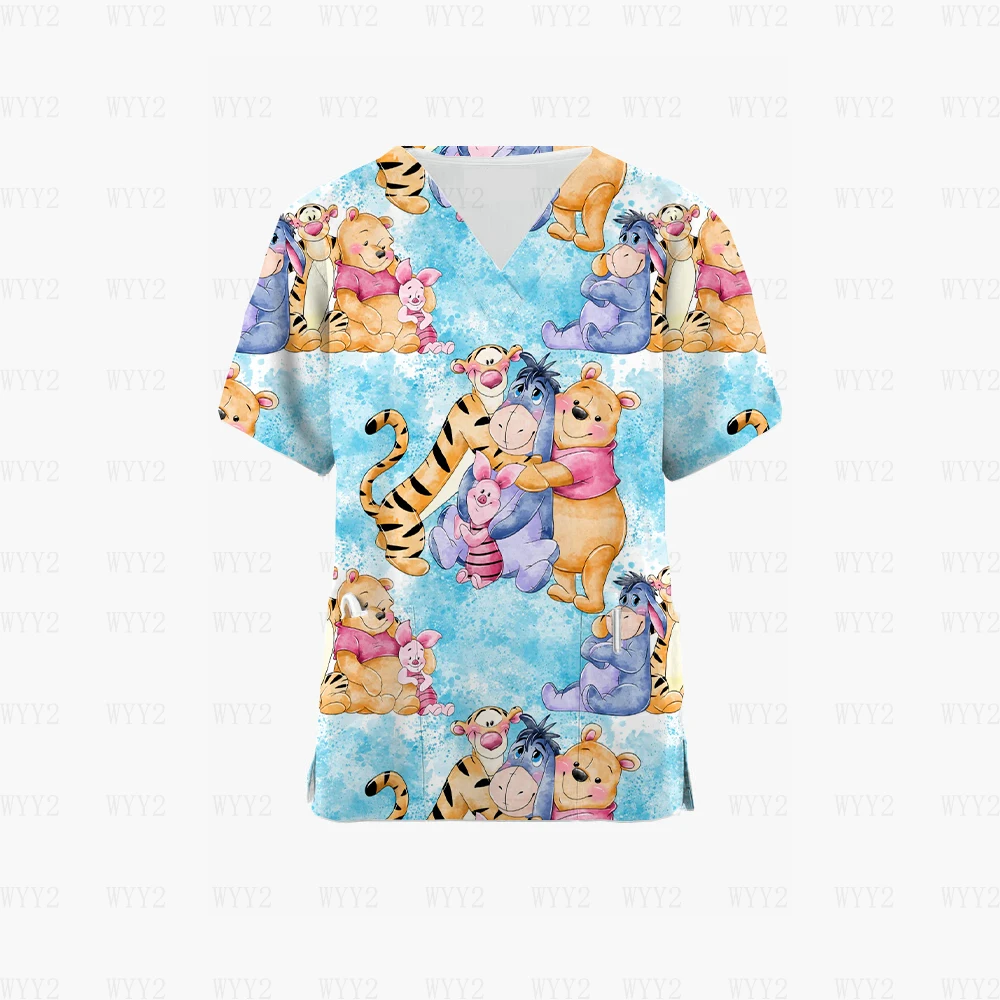 

2023 Disney Minnie Mouse V Neck Scrub Top Cartoon 3D Nurse Uniform Medical Uniform Ladies Print Cut Pet Shop Work Uniform Shirt