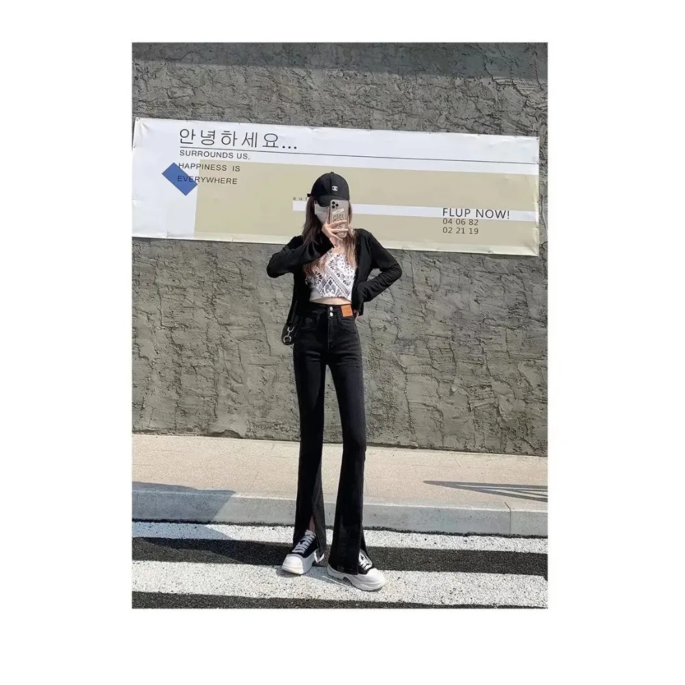 여성 하이웨이스트 슬릿 스트레이트 스트레치 청바지, 용수철 슬림 슬림 블랙, 쁘띠 마이크로 플레어 팬츠, 2024