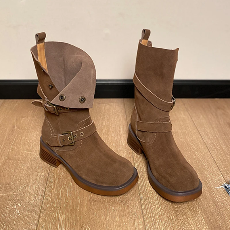 

Heihaian Western Boots Fall/Winter 2023 New Retro Style Fashion Mid-Calf Boots With Belt Buckle Embellished Round boots women