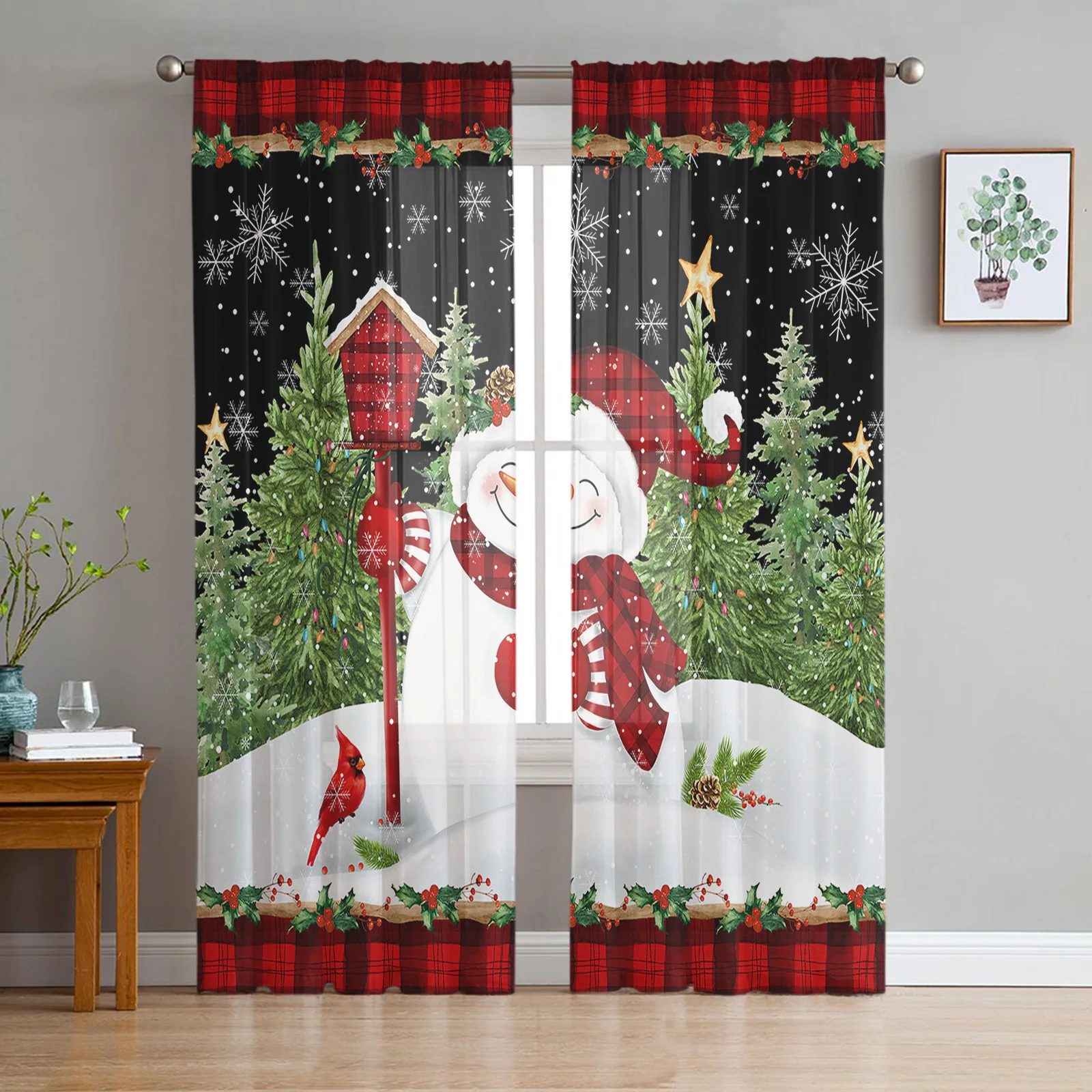 

Christmas Snowman Snowflake Sheer Curtains For Living Room Window Long Tulle Curtain Bedroom Kitchen Decoration Voile Drapes