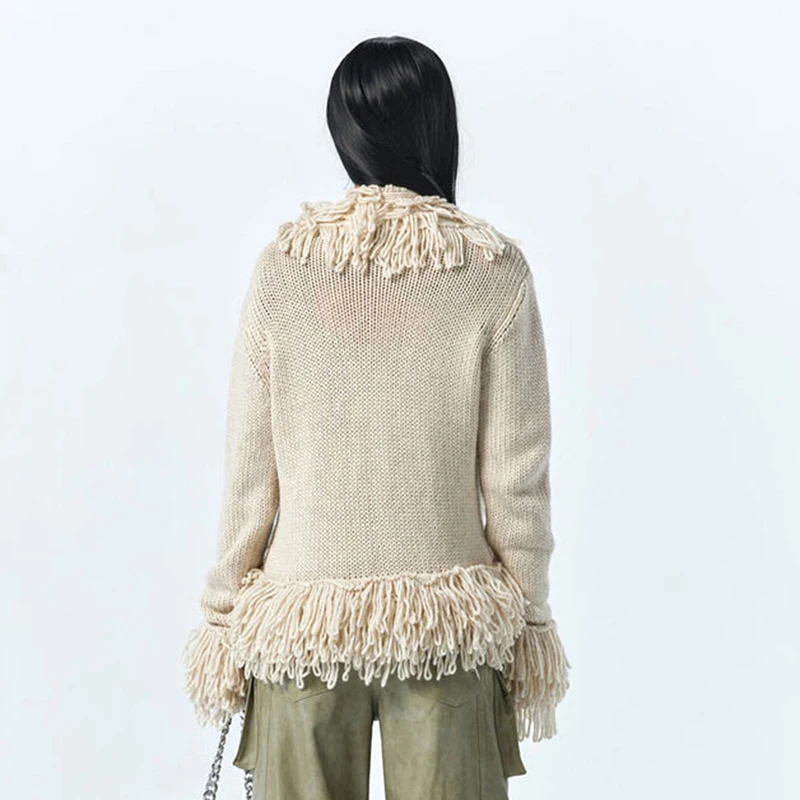 Women Vintage Tassel Knitted Cardigan Top Elegant Long Sleeve