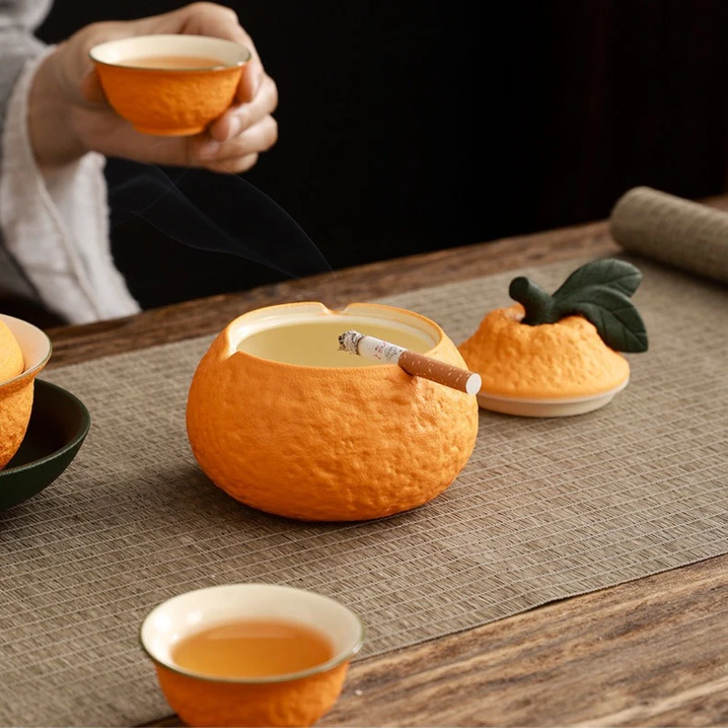 Ceramic Orange Ashtray with Cover for Household Tea Table
