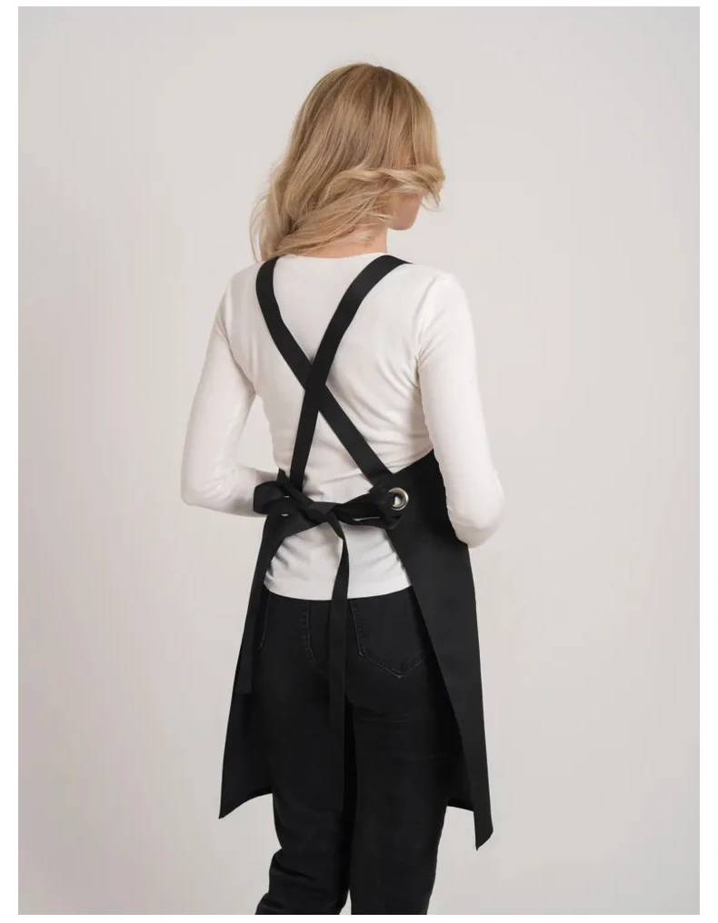 Schwarze Unisex-Schürze mit verstellbarem Hals und anpassbarer Markenlogo-Stickerei-Tasche für Männer und Frauen, Kellner, Kochen, Restaurant, Arbeitskleidung – Detail 13