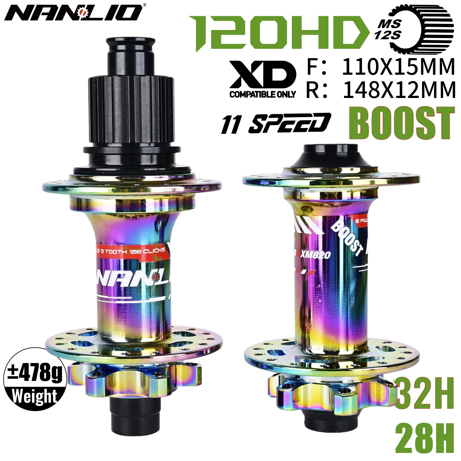 Nanlio XM820 28H 32H MTB Boost Hub Set 120T 6-Pawl Loud Freehub