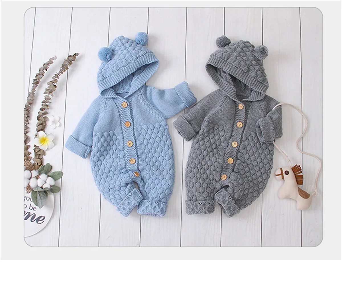 Baby Girls Bear Ear Knit Romper Boys Hooded Newborn Sweater Kids Jumpsuit Babys Outfit Autumn Winter baby rompers baby jumpsuit cotton jumpsuit baby clothing