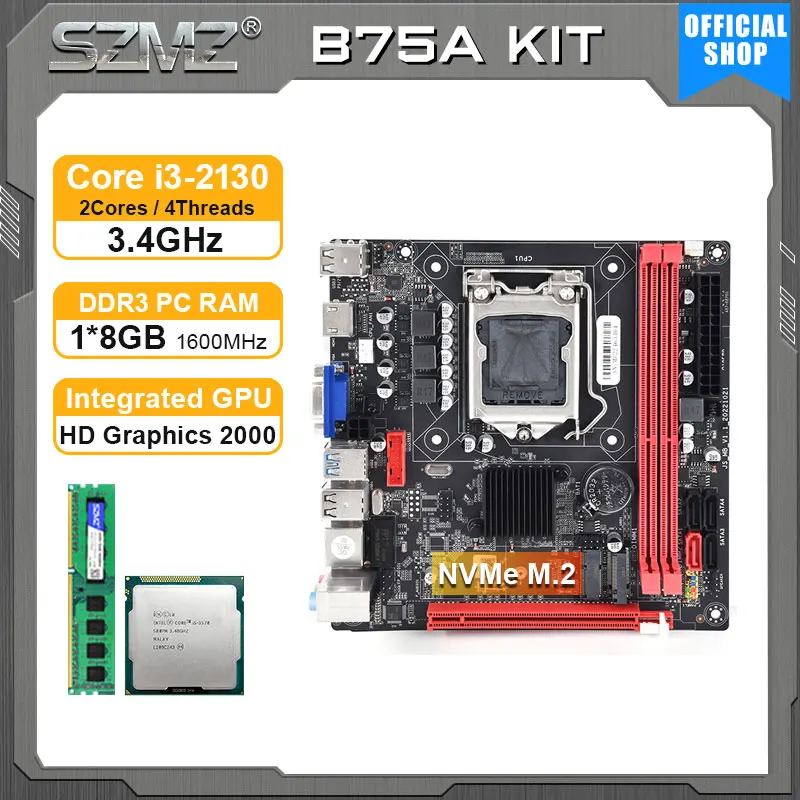 SZMZ-Kit de B75-MS de placa base LGA 1155 ITX, con procesador Core i3 2130 y memoria DDR3 de 8GB, B75