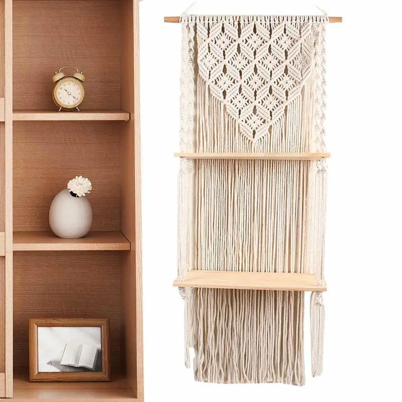 

Tapestry Macrame Shelf 2 Tire Wall Shelves With Handmade Woven Rope Modern Bohemian Rope Floating Shelf For Photo Frames