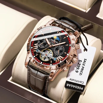 POEDAGAR Automatic Mechanical Tourbillon Wristwatch Luxury Watch for Men Waterproof Luminous Date Week Leather Men's Watches+box 1