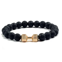 Natural Stone Energy Bracelet with Barbell Charm - Versatile Jewelry Gift for Couples and Fitness Enthusiasts (Lava 3)