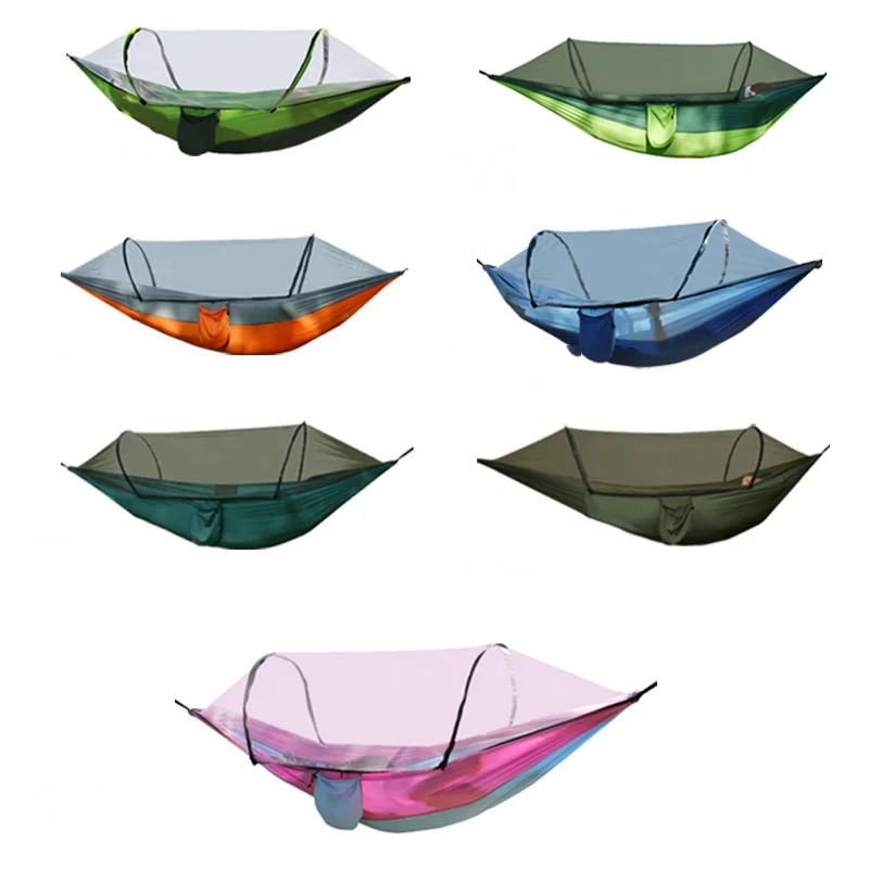 

Outdoor camping anti-rollover nylon hammock with mosquito net single double automatic quick-opening pole mosquito net hammock